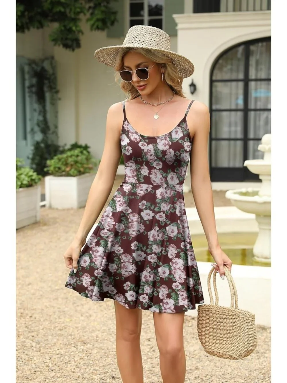 Women's Wine Red Floral Summer Dress Spaghetti Strap Floral Mini Casual Dress - Picture 3 of 6
